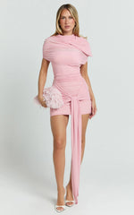 Nicolette Mini Dress - Ruched Short Sleeve Bodycon Dress in Blush