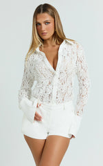 Regina Top - Textured Lace Button Down Shirt in White