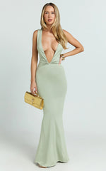 Alexa Maxi Dress - Plunge Cowl Neck Ruched Jersey Dress in Sage