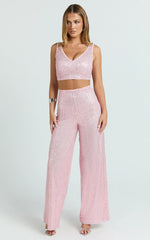Abela Two Piece Set - Crop Top and Wide Leg Pants Set in Pink Sequin