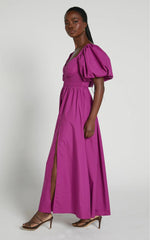 Raiza Midi Dress - Shirred Waist Puff Sleeve Dress in Orchid