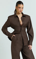 Dale Top - Collared Power Shoulder With Waist Tie Shirt in Chocolate
