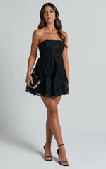 Marzy Mini Dress - Strapless Floral Detail Lace Fit and Flare Dress in Black