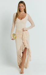 Rhea Maxi Dress - Long Sleeve Ruched Ruffle Hem Dress in Blush