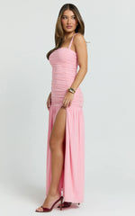 Cardi Maxi Dress - Ruched Mesh High Leg Split Dress in Pink