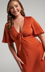 Nicholla Midi Dress - Ruched Front Angel Sleeve Slip Dress in Copper
