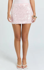 Rhonda Mini Skirt - Low Rise Sequin Skirt in Baby Pink