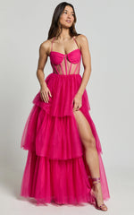 Ariel Maxi Dress - Tiered Tulle Bustier Halter Dress in Hot Pink