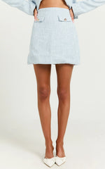 Olympia Mini Skirt - High Waisted A Line Boucle Skirt in Pale Blue