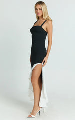 Cera Maxi Dress - Asymmetrical Contrast Frill Hem Dress in Black & White