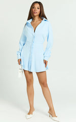 Raquel Mini Dress - Collared Long Sleeve Fit And Flare Shirt Dress in Cornflower Blue