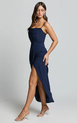 Andrina Midi Dress - High Low Wrap Corset Dress in Navy