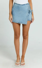 Ronnie Skort - Mid Waist Lace Up Denim Skort in Light Blue Wash