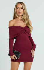 Rani Mini Dress - Off Shoulder Long Sleeve Bodycon Dress in Wine