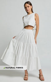 Ruby Midi Skirt - Shirred High Waist Cotton Tiered Skirt in Off White