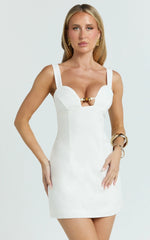 Estelle Mini Dress - Beaded Scallop Neck Dress in Off White