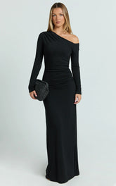 Milly Maxi Dress - Asymmetrical Off Shoulder Long Sleeve Side Ruching Maxi Dress in Black