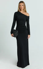 Milly Maxi Dress - Asymmetrical Off Shoulder Long Sleeve Side Ruching Maxi Dress in Black