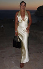 Prima Maxi Dress - Plunge Satin Dress in Butter Yellow