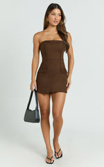 Octavia Mini Dress - Strapless A Line Wrap Skirt Dress in Chocolate
