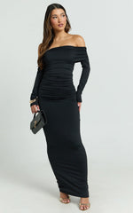 Emilie Maxi Dress - Off Shoulder Long Sleeve Ruched Jersey Dress in Black