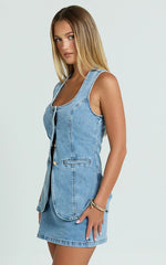 Raquel Top - Denim Scoop Neck Button Down Vest in Mid Blue Wash