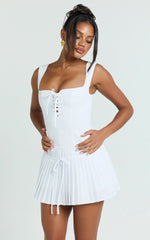Fraida Mini Dress - Lace Front Dropped Waist Pleated Dress in White