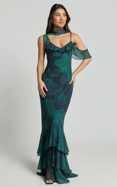 Riley Maxi Dress - Asymmetric Ruffle Detail Maxi Dress in Moss Adeana