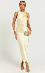 Aluna Midi Dress - High Neck Cross Back Satin Slip Dress in Lemon