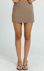 Mikey Mini Skirt - Mid Waisted Tailored A Line Skirt in Mocha
