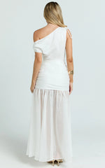 Mackenzie Maxi Dress - Tipped Shoulder Drop Waist Full Gathered Skirt Dress in White