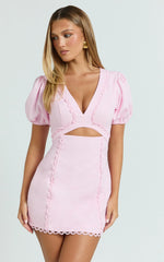 Carolyn Mini Dress - V Neck Puff Sleeve Dress in Pale Pink