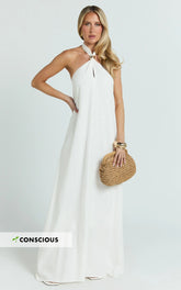 Jhazmine Maxi Dress - Halterneck Linen Gold Trim Dress in Off White
