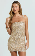 Lily Mini Dress - Sequin Square Neck Shift Dress in Gold