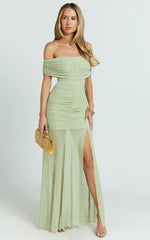 Alanna Maxi Dress - Off Shoulder Ruched Mesh Dress in Sage