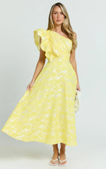 Alfreda Midi Dress - One Shoulder Ruffle Detail Brailey Jacquard Dress in Yellow Jacquard