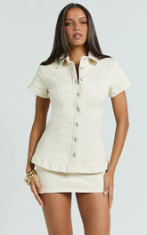 Paige Top - Button Down Short Sleeve Denim Top in Ecru