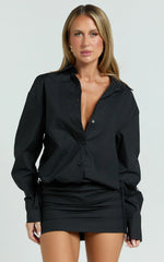Avalon Mini Dress - Button Up Ruched Shirt Dress in Black