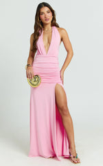 Eden Maxi Dress - Plunge Halter Neck Cut Out Bodycon Dress in Pink