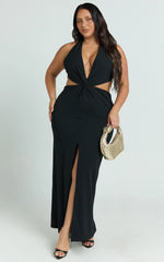 Rose Maxi Dress - Plunge Halter Front Split Dress in Black
