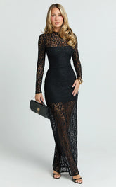 Andrea Maxi Dress - Lace High Neck Long Sleeve Dress in Black