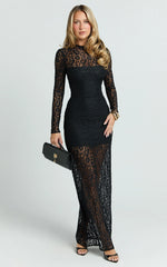 Andrea Maxi Dress - Lace High Neck Long Sleeve Dress in Black