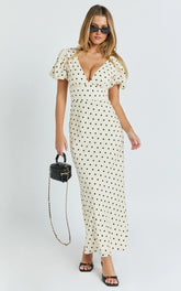 Elise Midi Dress - V Neck Puff Sleeve Dress in White Polka Dot