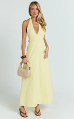 Connor Maxi Dress - Halter Neck Tie Back Dress in Lemon