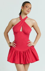 Belle Mini Dress - Keyhole Halter Top Dress in Red