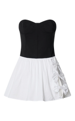 Adelita Mini Dress - Strapless Contrast Colour Bodice Gathered Poplin Skirt Dress in Black