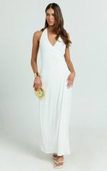 Roseville Maxi - Wrap Front Halter Dress with Hardware Detail in White