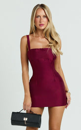 Beckett Mini Dress - Square Neck Form Fitting Dress in Wine
