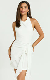 Aoife Mini Linen Blend Dress - Sleeveless Scoop Neck Wrap Dress in White