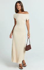 Jadey Midi Dress - Cap Sleeve Pleated Dress in Bone